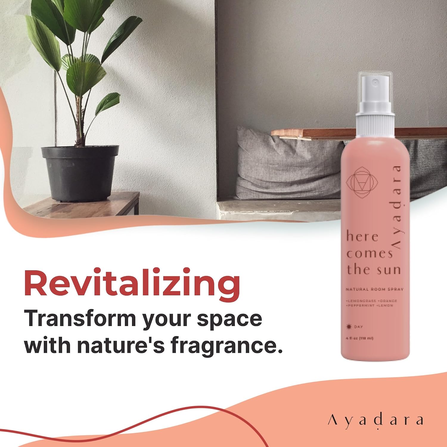 Ayadara Natural Room Spray, 4 oz, Aromatherapy for Room, Fragrance Spray and Home/Linen Deodorizer Mist, All Natural Spray Air Freshener with Lemongrass and Peppermint Oil, 1000 Sprays