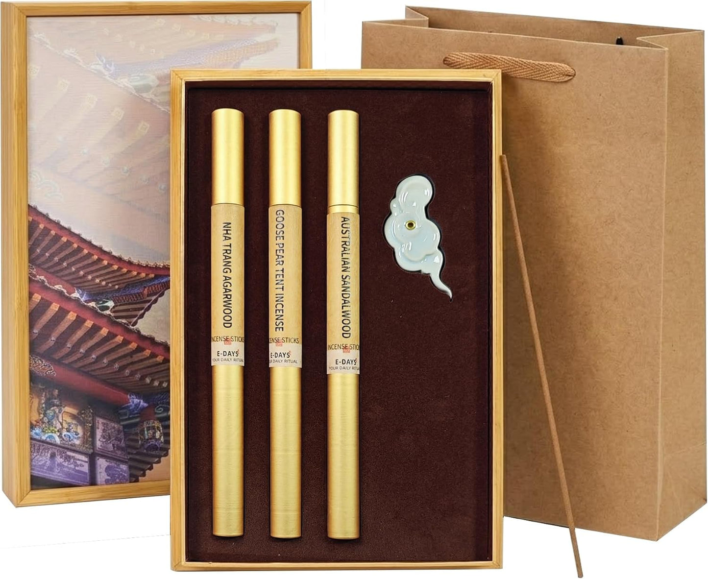 3-in-1 Incense Sticks Gift Set – 3 Scents with Incense Holder, (Nha Trang Agarwood, Goose Pear Tent, Australian Sandalwood) – Aromatherapy for Meditation, Yoga, Home – 30g (80 Sticks)