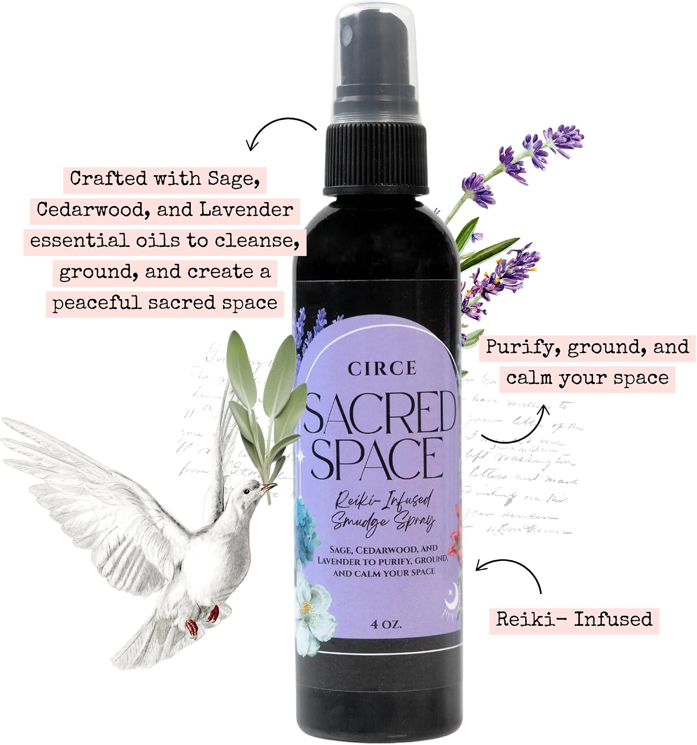 Circe Sacred Space Smudge Spray – 100% Natural Smoke Free Alternative to Clear Negative Energy, Restore Peace & Balance -Sage, Cedarwood & Lavender Blend - Soothing, Grounding, Self Care, Gift - 4oz