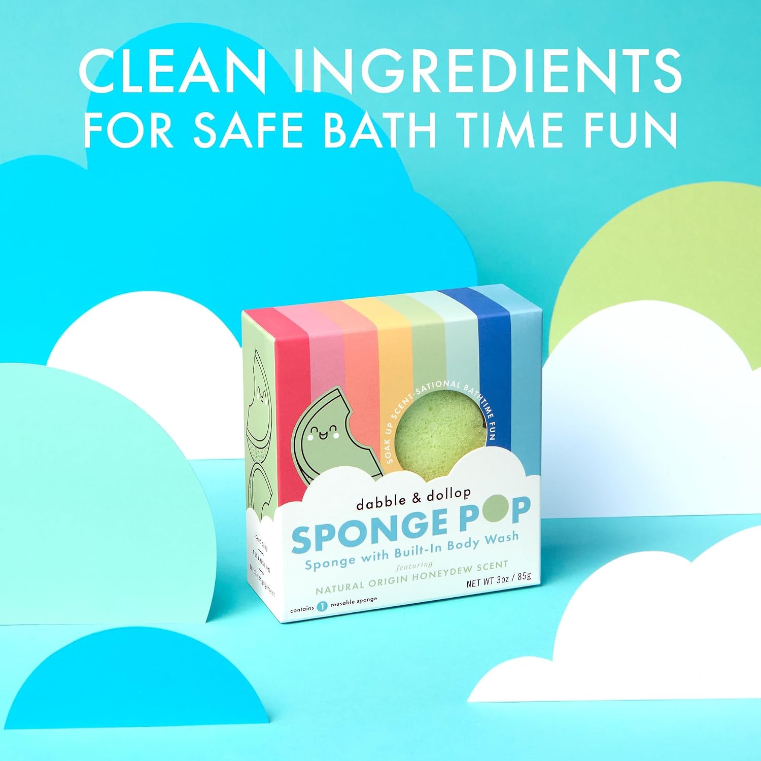 Dabble & Dollop Sponge Pop™ Kids Bath Sponge with Built-in Honeydew Body Wash + Vanilla 3-in-1 Foaming Shampoo, Body Wash & Bubble Bath - Natural Origin Ingredients, Kids Bath Set (2-Pack)