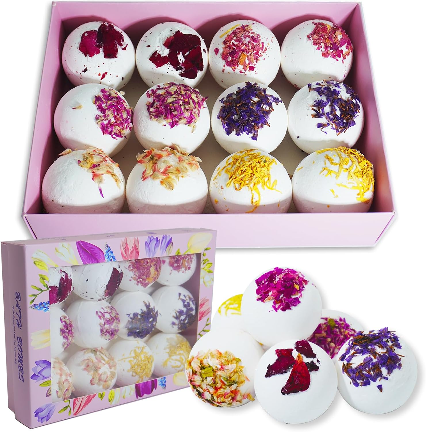 Aromatherapy Bath Bombs with Dried Flower Petals - 12 Pack Large Bath Bomb Handmade SPA Gift Set for Women, Moisturizing Natural Essential Oil Fizzies for Stress Relief & Relaxation Home SPA