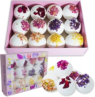 Aromatherapy Bath Bombs with Dried Flower Petals - 12 Pack Large Bath Bomb Handmade SPA Gift Set for Women, Moisturizing Natural Essential Oil Fizzies for Stress Relief & Relaxation Home SPA