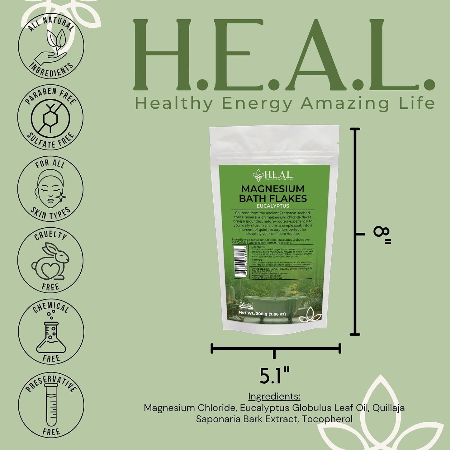 H.E.A.L. Magnesium Bath Flakes with Eucalyptus Essential Oil- 7oz for Respiratory Wellness & Relaxation