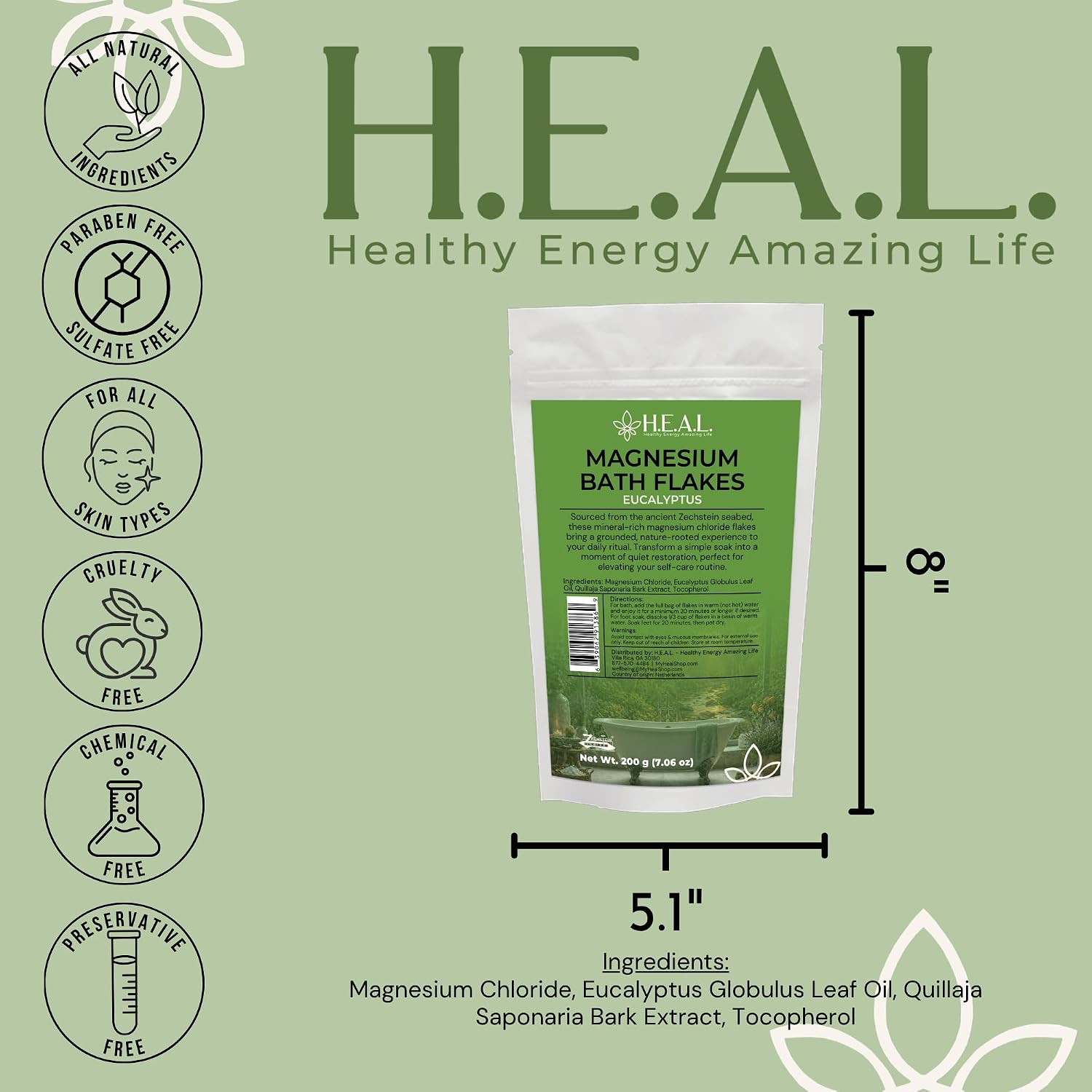 H.E.A.L. Magnesium Bath Flakes with Eucalyptus Essential Oil- 7oz for Respiratory Wellness & Relaxation