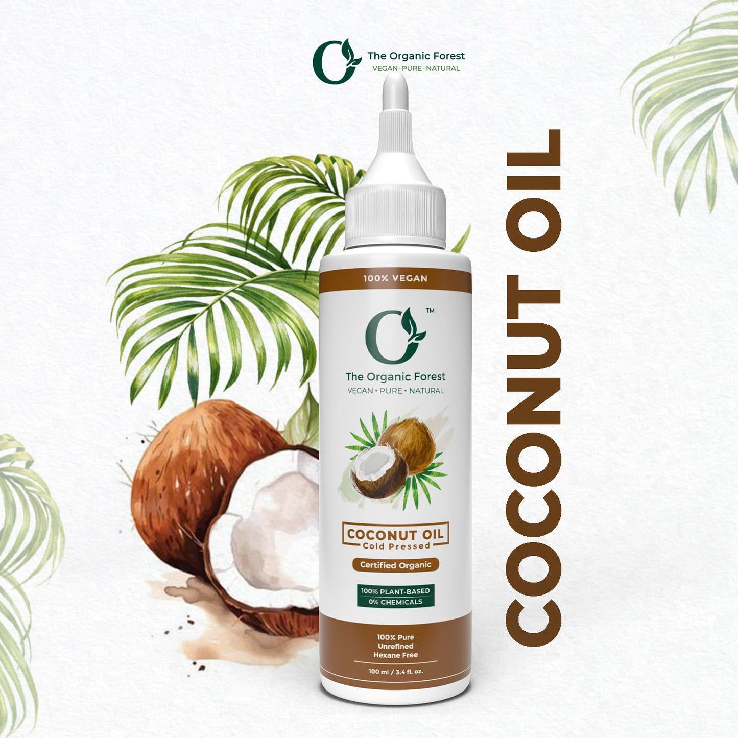 Plant Based Organic Coconut Oil for Skin & Hair | Pure Coconut Hair Oil for Damaged Hair, Deep Moisturization & Massage | Cold Pressed Body Oil after shower | Aceite de Coco Para el Cabello