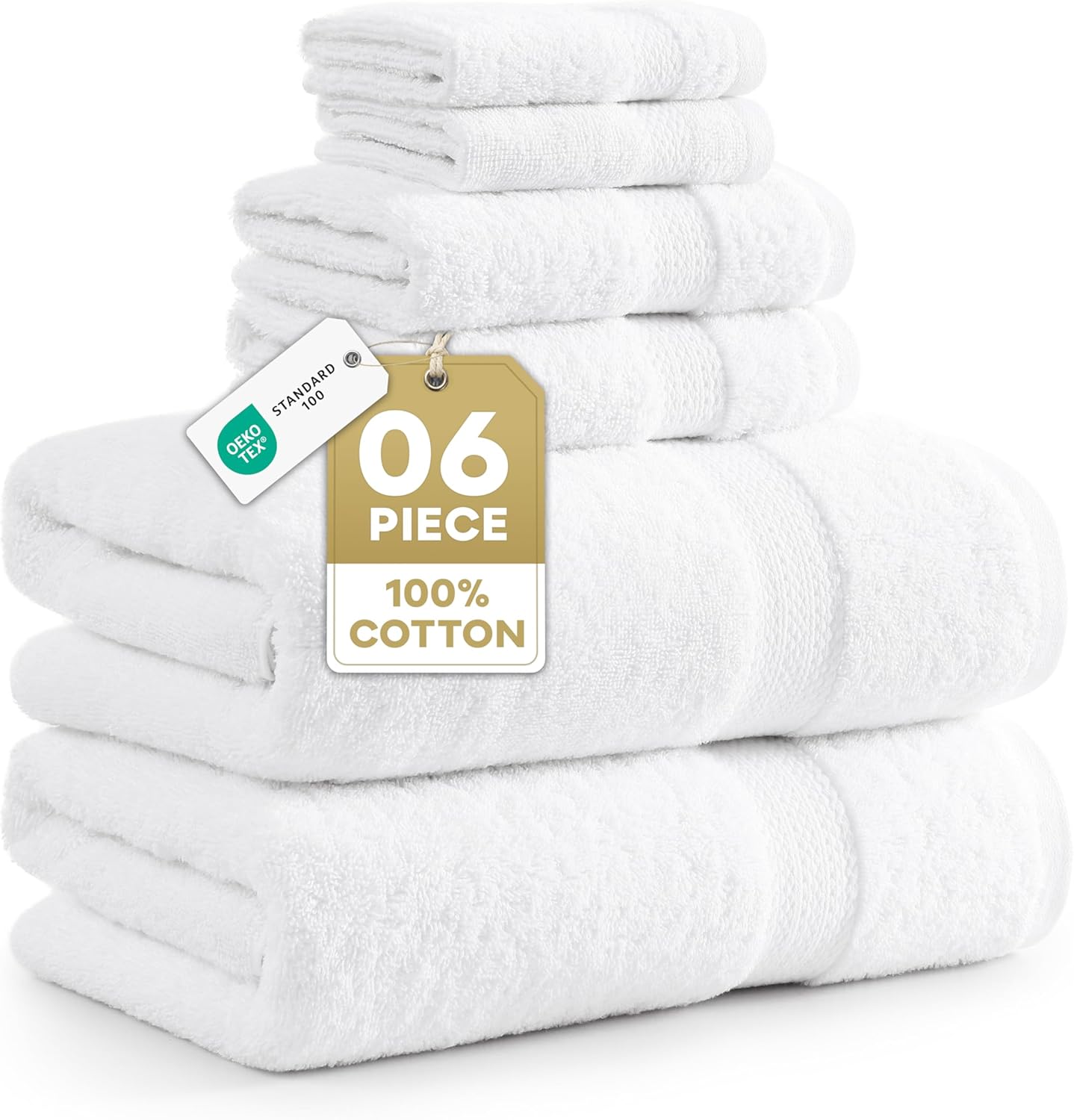 LANE LINEN 100% Cotton Bath Towel Set - 6 Pieces - Super Soft, Highly Absorbent & Quick Dry - 2 Bath, 2 Washcloths, 2 Hand Towels for Bathroom - Hotel Quality, Ideal for Spa, Gym & Travel - White