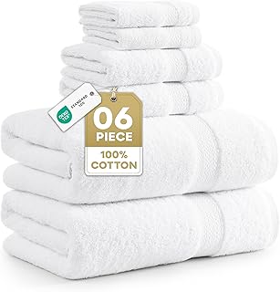 LANE LINEN 100% Cotton Bath Towel Set - 6 Pieces - Super Soft, Highly Absorbent & Quick Dry - 2 Bath, 2 Washcloths, 2 Hand Towels for Bathroom - Hotel Quality, Ideal for Spa, Gym & Travel - White