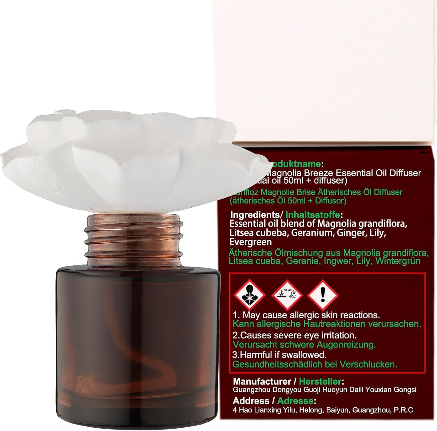 Room Scen Gift Set, Essential Oil Magnolia Breeze (1.7 fl.oz|50ml) and Diffuser, 60-Days Natural Air Freshener Non-Toxic Strong Fragrance Big Flower Diffuser Make Home Smell Good