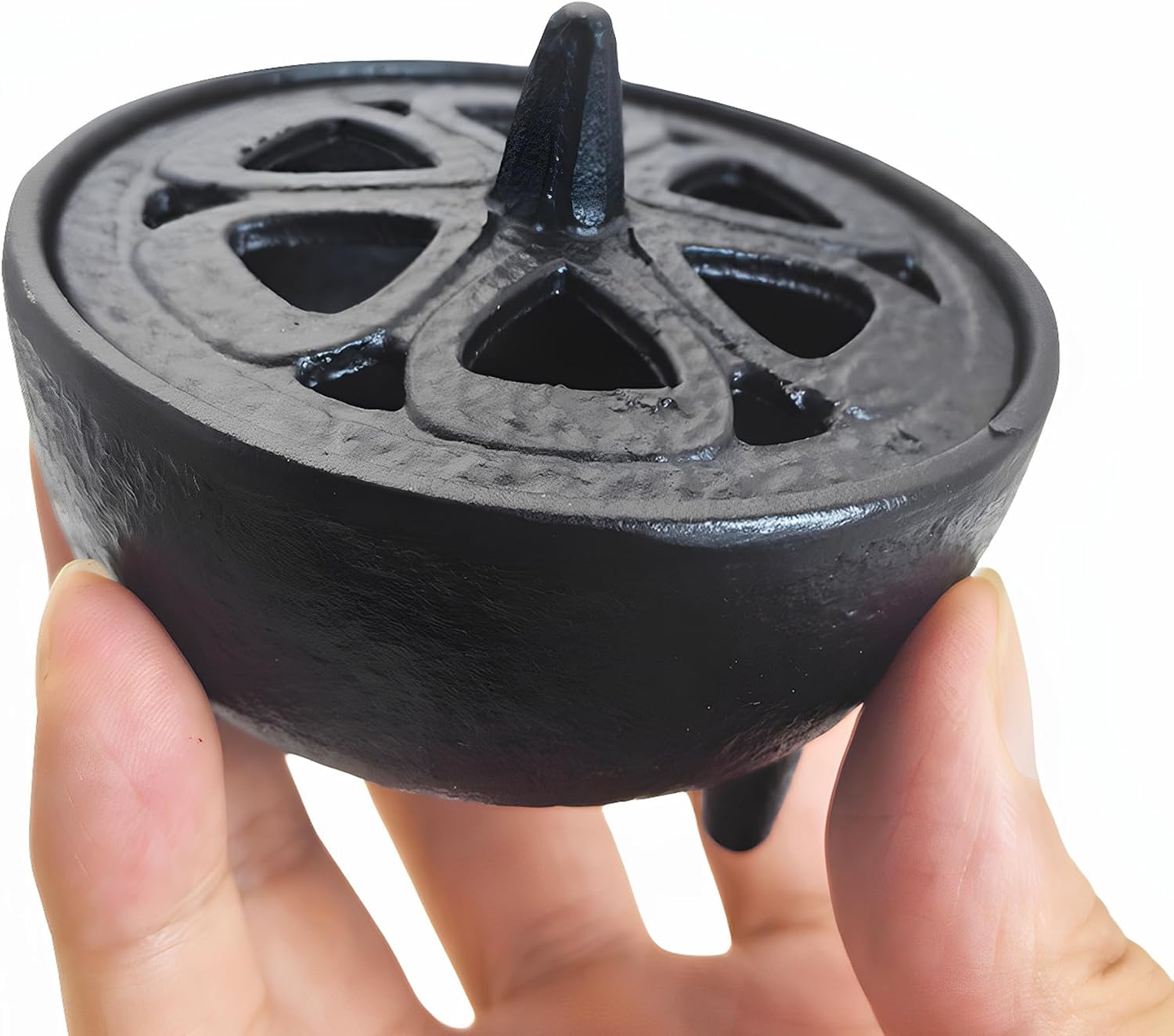 Small Cast Iron Incense Burner Holder, Home Decor, Bowl Design with Decorative Lid, Black Incense for Sticks, Resin, Cone Incense or Wax Melts