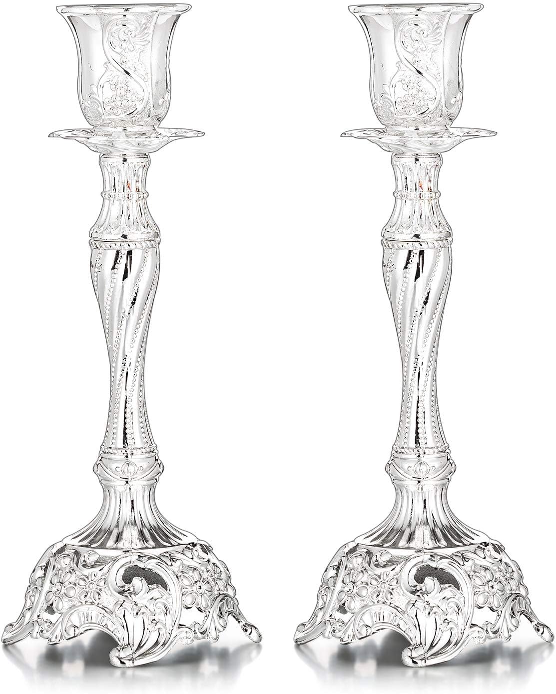 Sziqiqi Silver Plated Candlestick Holders Set of 2 Taper Candle Holders Deluxe Ornate Candle Holders for Shabbat Taper Candles, Candle Centerpiece, Wedding Candles, Christmas Candle, 7.4inch