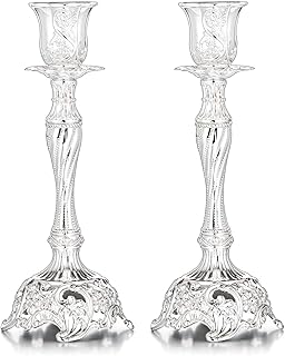Sziqiqi Silver Plated Candlestick Holders Set of 2 Taper Candle Holders Deluxe Ornate Candle Holders for Shabbat Taper Candles, Candle Centerpiece, Wedding Candles, Christmas Candle, 7.4inch