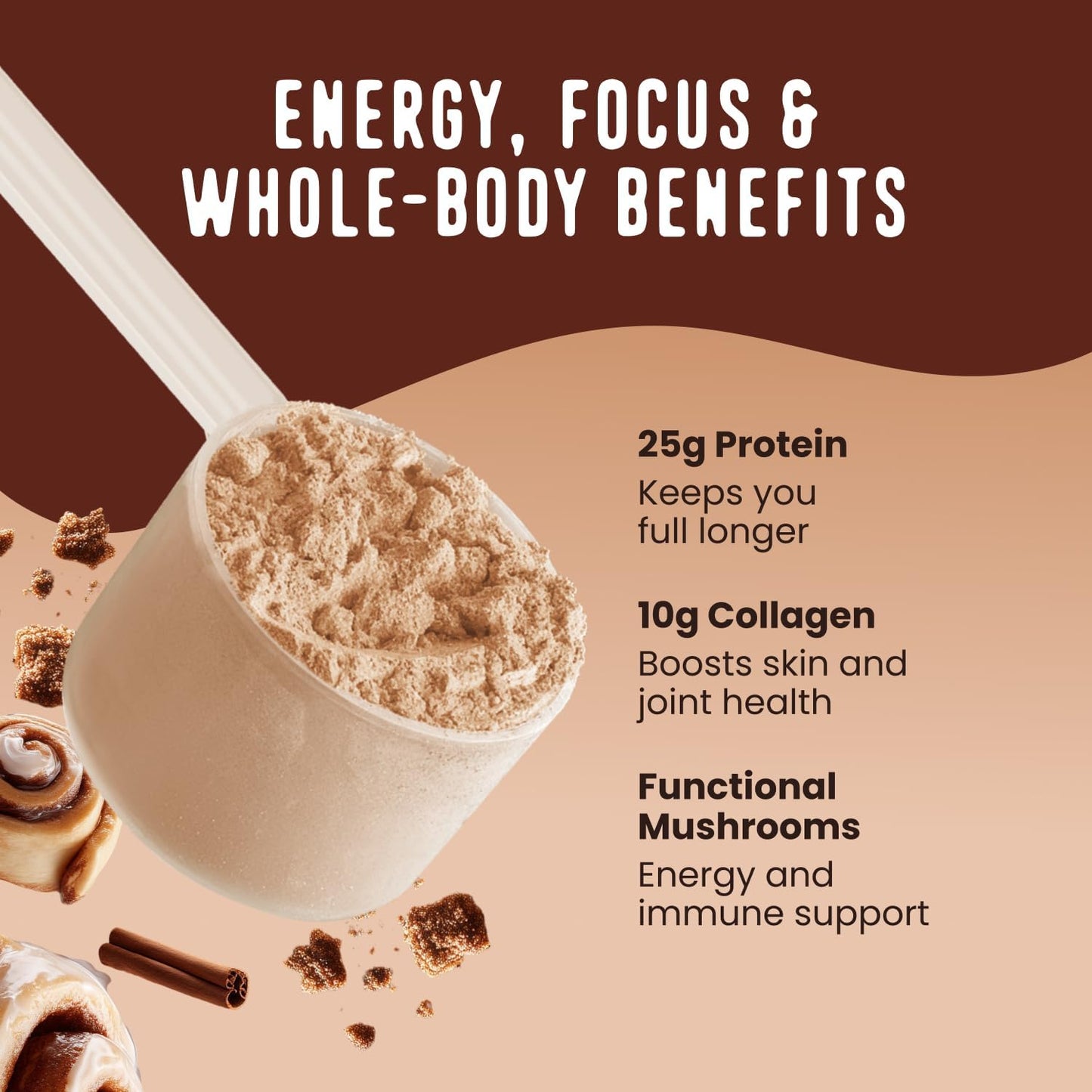 FlavCity All in One Protein Shake Powder, Cinnamon Roll - On the Go Meal Alternative + Collagen Peptides, Reishi & Cordyceps - Focus, Skin, Hair & Joint Support - 100% Grass Fed Whey, 20 Servings