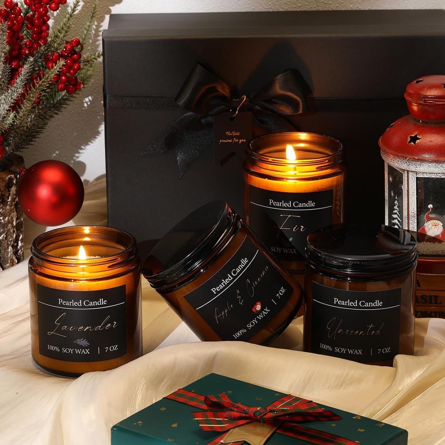 Conelist Pearled Candle Jar Gift Set 28oz Scented Pearl Sand Candle with 4 Jars 50 Wicks and Gift Box for Women Mothers Day Apple Cinnamon/Lavender/fir/Original, 4 Fragrance