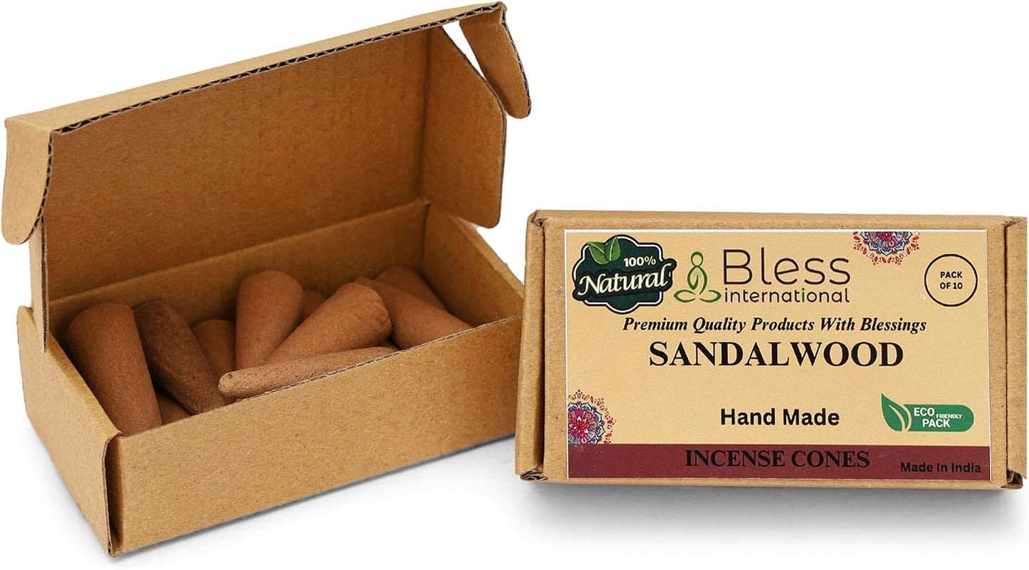Bless International Sandalwood 100%-Natural-Incense-Cones Handmade-Hand-Dipped Organic-Chemicals-Free for-Purification-Relaxation-Positivity-Yoga-Meditation The-Best-scents (10 Count)