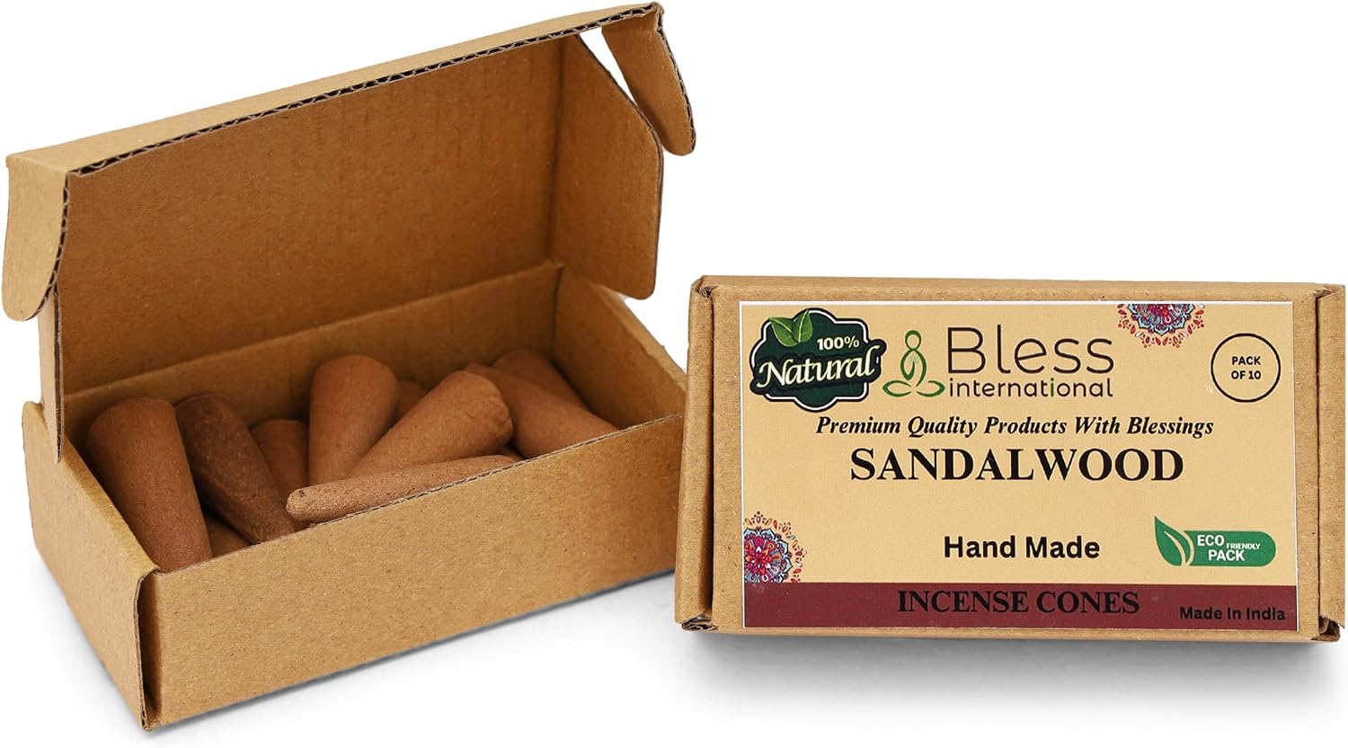 Bless International Sandalwood 100%-Natural-Incense-Cones Handmade-Hand-Dipped Organic-Chemicals-Free for-Purification-Relaxation-Positivity-Yoga-Meditation The-Best-scents (10 Count)