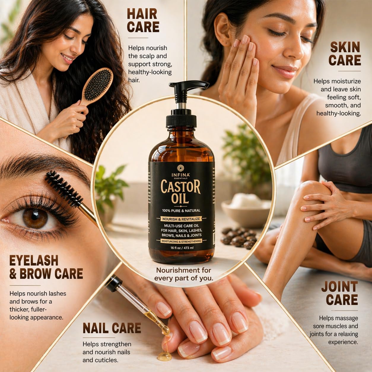 INFINA ESSENTIALS Pure Cold Pressed Castor Oil - Hexane Free, Glass Bottle for Hair Growth, Face, Scalp, Skin & Eyelashes - Nourishing and Moisturizing - 16 fl oz