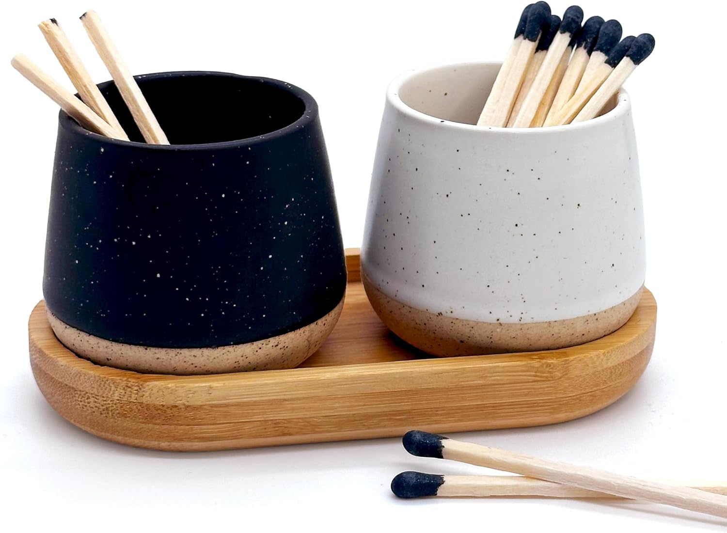 Set of 2 Ceramic Match Holders with Built-in Strikers and Wooden Tray - Modern Decorative Jar for Matches - Stylish Storage for Candles, Fireplaces, Jewelry *Matches not included*