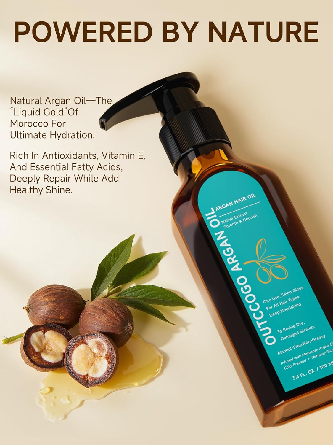 Outccogo Moroccan Argan Oil, Hair Oil for Frizzy Hair, Nourishing Smoothing for Frizz Control, Curly Long Dry Damaged Hair Treatment & Heat Protectant, 3.4 Fl Oz