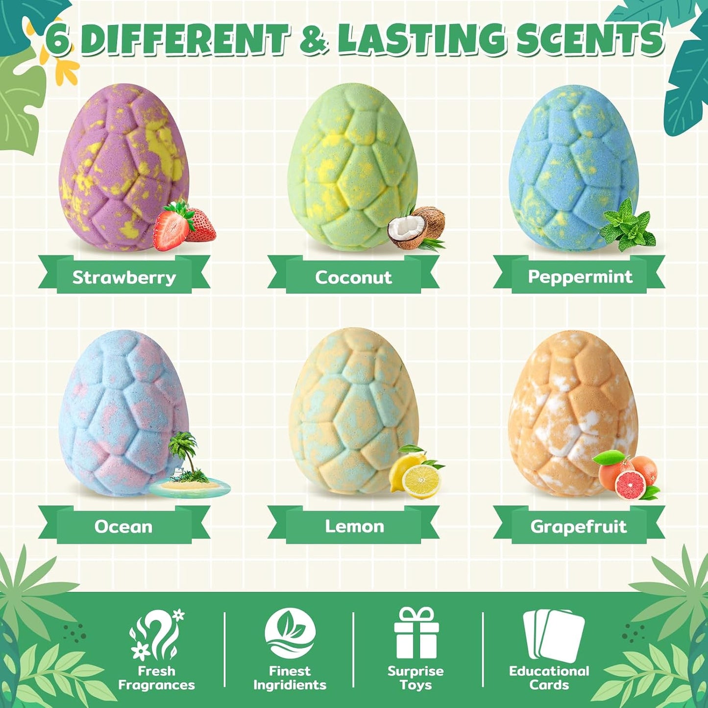 TranquilBliss Dino Egg Bath Bombs for Kids with Surprise Inside, 6 Packs Dinosaur Bath Toys Set for Boys,Girls, Bubble Fizzies, Educational Birthday & Christmas Gift Ideas