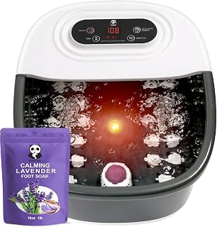 Foot Spa Bath Massager with Heat Bubbles and Vibration Massage and Jets, 16 OZ Calming Lavender Foot Soak Epsom Salt, Foot Soaker with Red Light, 22 Massage Rollers, Adjustable Temp - Black