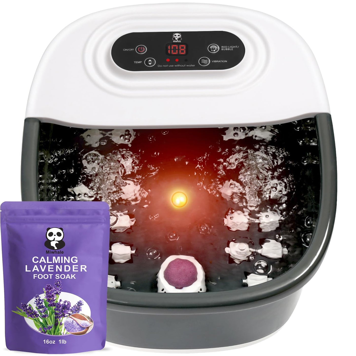 Foot Spa Bath Massager with Heat Bubbles and Vibration Massage and Jets, 16 OZ Calming Lavender Foot Soak Epsom Salt, Foot Soaker with Red Light, 22 Massage Rollers, Adjustable Temp - Black