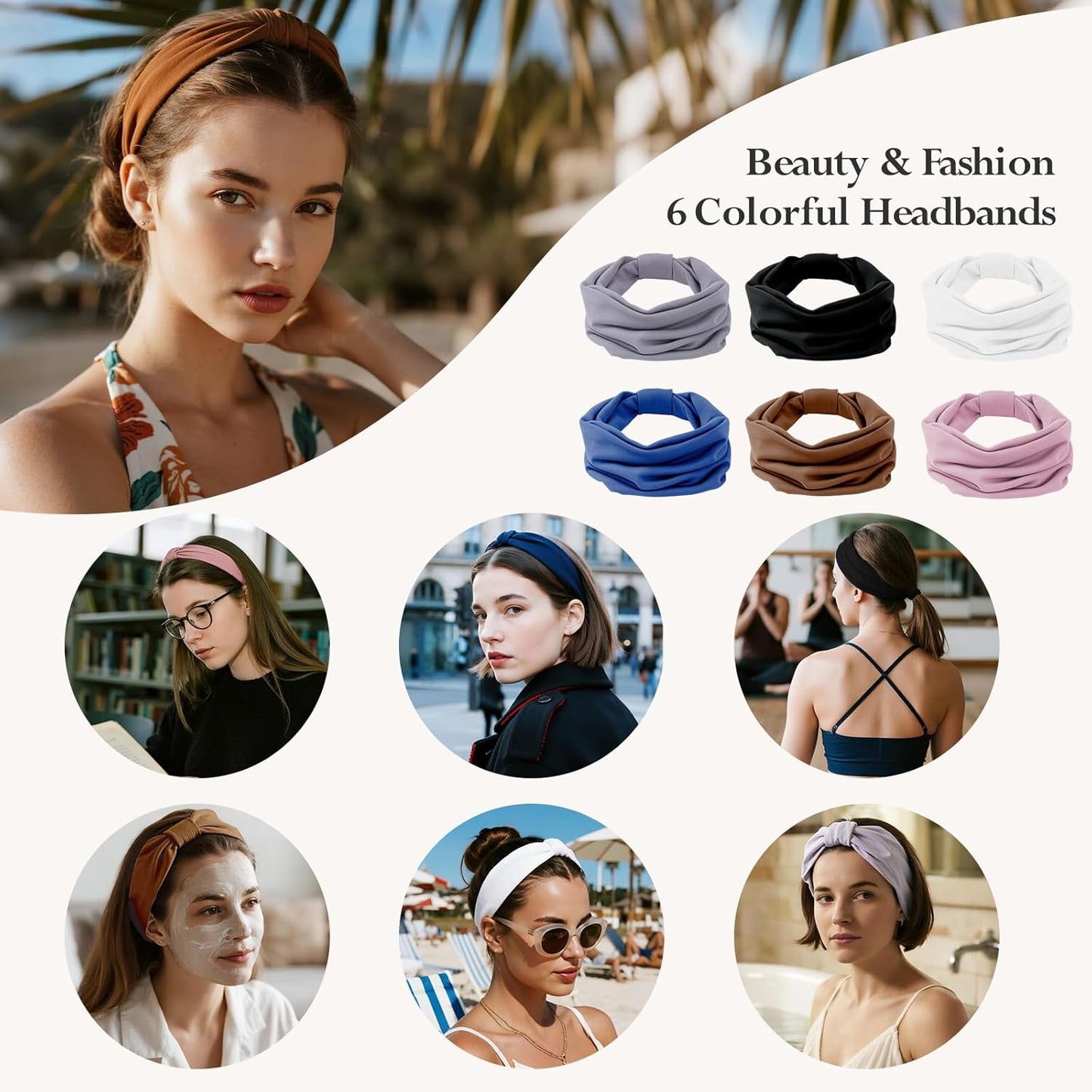 HSEM Headbands for Women, Wide Elastic Head Bands, Non-Slip Thick Hair Bands, Sports Stretchy Sweat Bands, Large Knotted Soft Headband for Washing Face, Makeup, Workout, Spa, Running, Fashion, 6-Pack