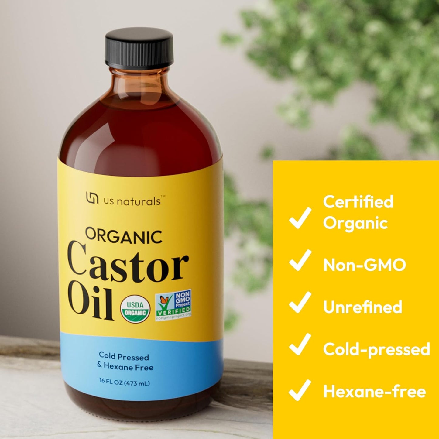 Us Naturals 16oz Organic Castor Oil – Glass Bottle – USDA Certified Organic & Non-GMO – 100% Pure, Cold-pressed, Unrefined, Hexane-free – Premium Glow-Boosting Oil for Skin, Hair, Lashes, Nails & More