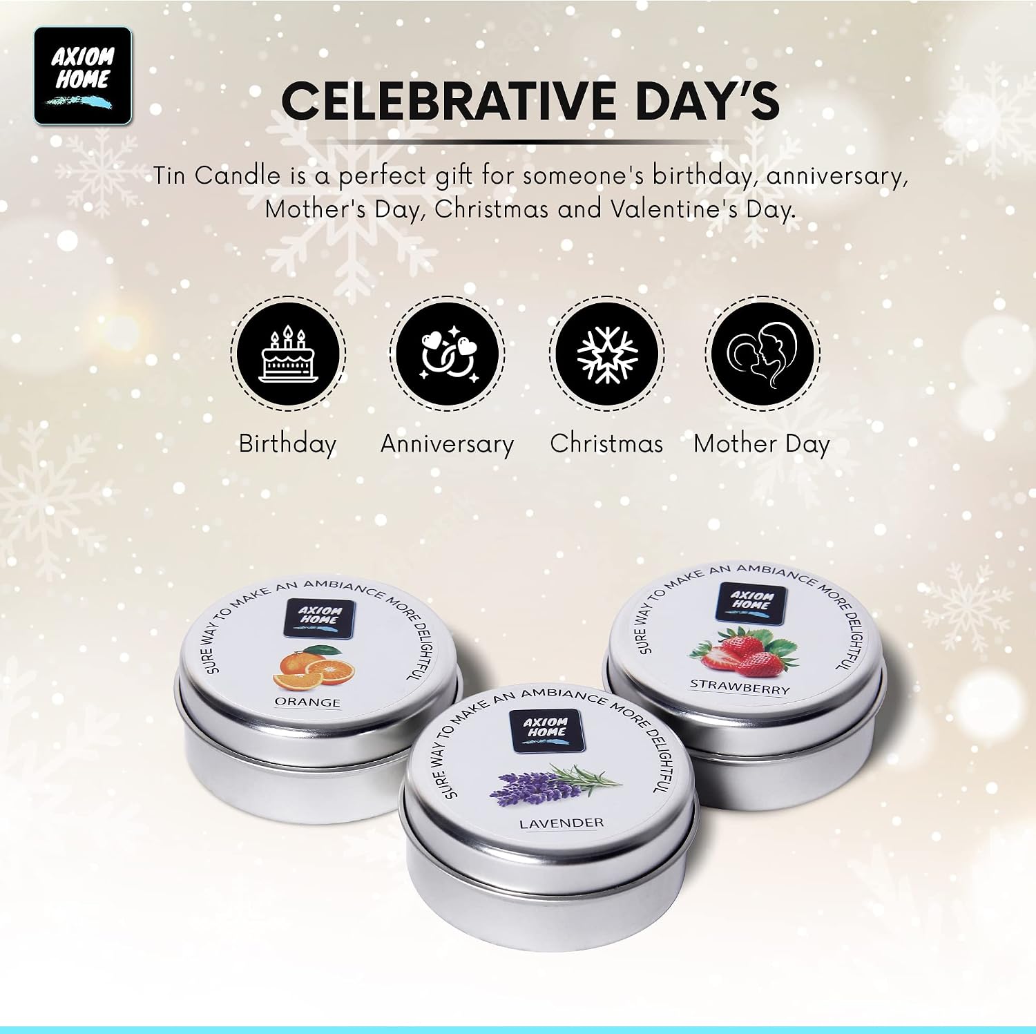 Axiom Pack of 3 Light Scented Tin Candles 12 Hours Long Lasting Combo Strawberry Orange Lavender Smokeless Stress Relief & Aromatherapy Natural Candle Gift for Mothers Day & Valentine's Day
