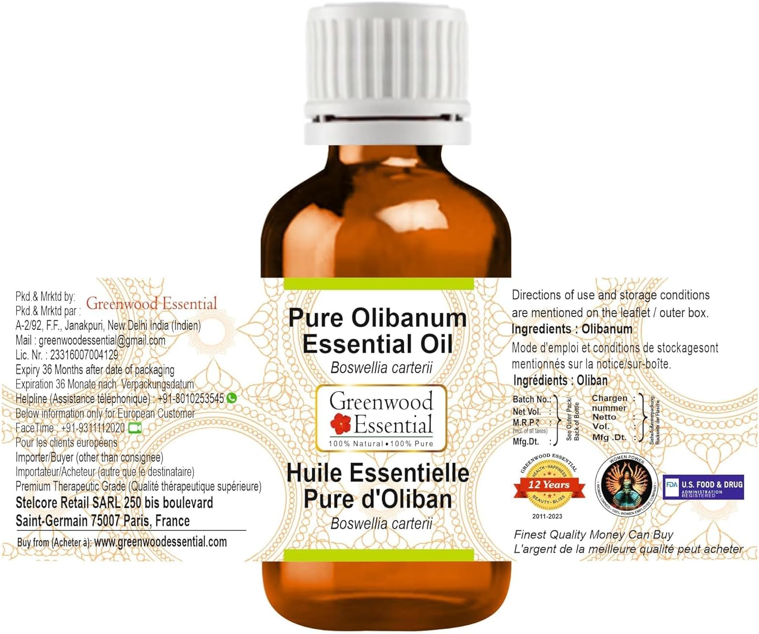 Greenwood Essential Olibanum Essential Oil (Boswellia carterii) Pure | Non-Sticky | Non-Greasy | Lightweight | Men & Women | All Skin Types | Steam Distilled 10ml (0.33 oz)