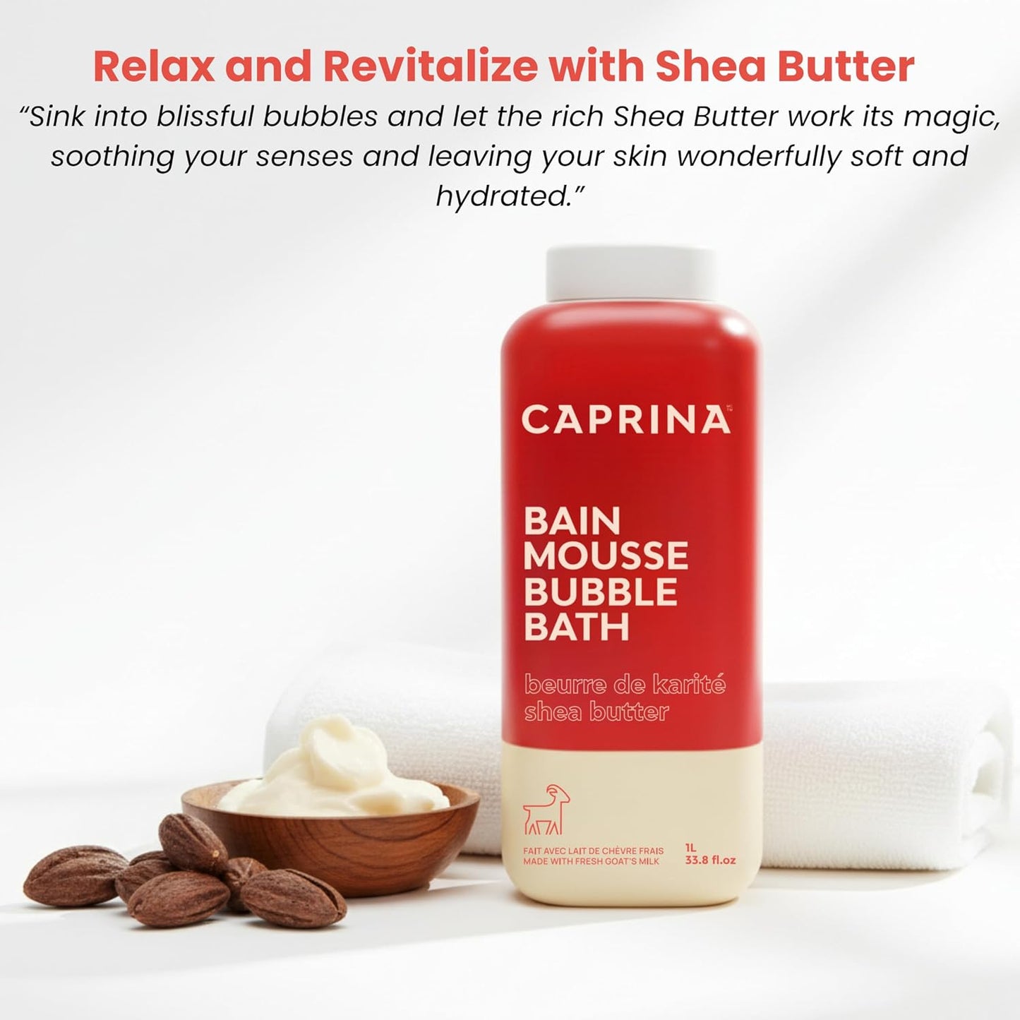 Caprina Fresh Goat’s Milk Bubble Bath, 1L, Hydrating Relaxing Foam Bath, Moisturizing and Gentle on Skin, Made in Canada (Shea Butter)
