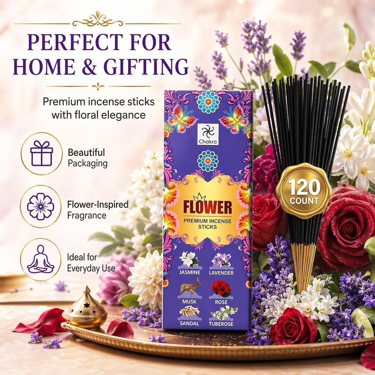 6-Scent Incense Sticks Variety Pack – 120 Count | Jasmine, Lavender, Musk, Rose, Sandalwood & Tuberose | Long-Lasting Aroma for Meditation & Home Use | chakra