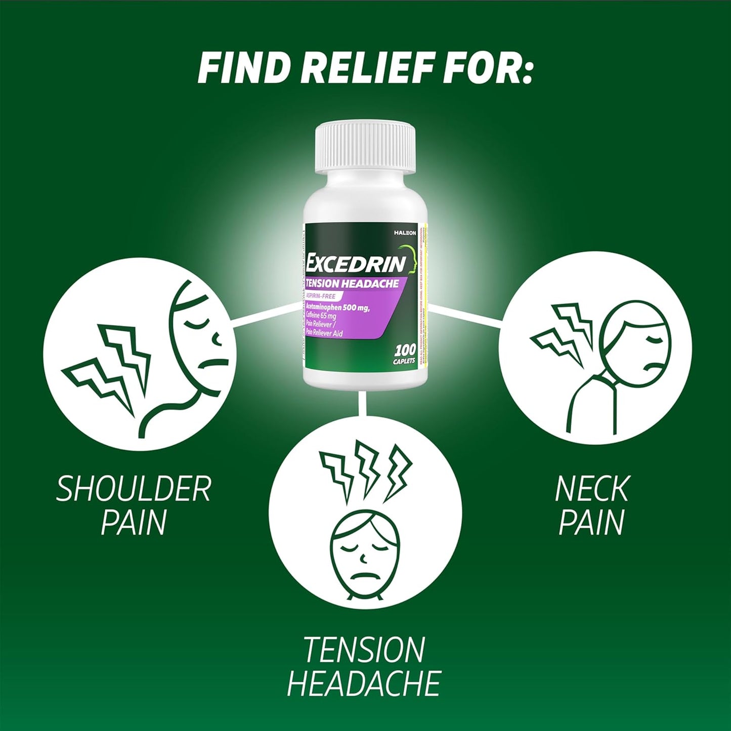 Excedrin Tension Headache Relief Caplets, Acetaminophen 500mg, Caffeine 65mg, Pain Reliever, Aspirin-Free, 100 Count