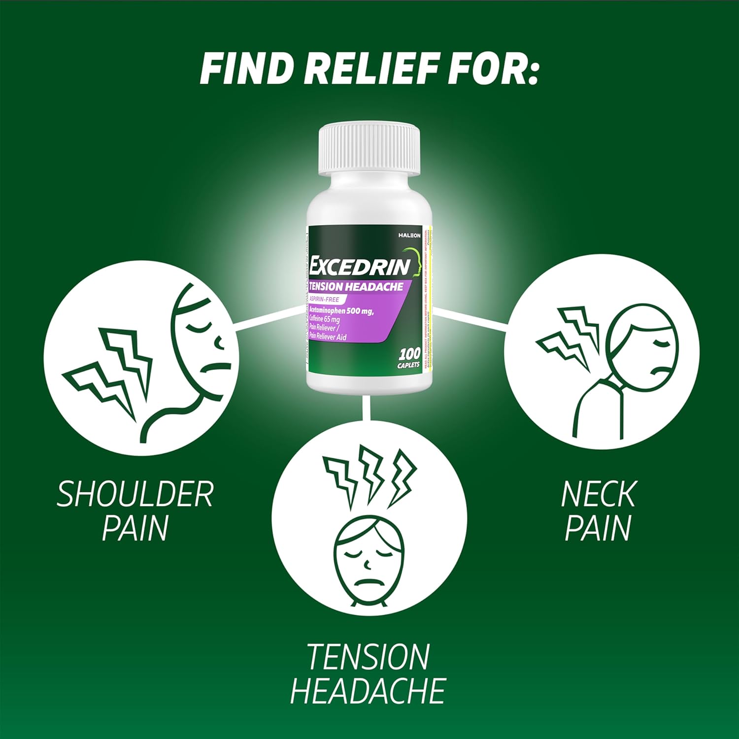 Excedrin Tension Headache Relief Caplets, Acetaminophen 500mg, Caffeine 65mg, Pain Reliever, Aspirin-Free, 100 Count