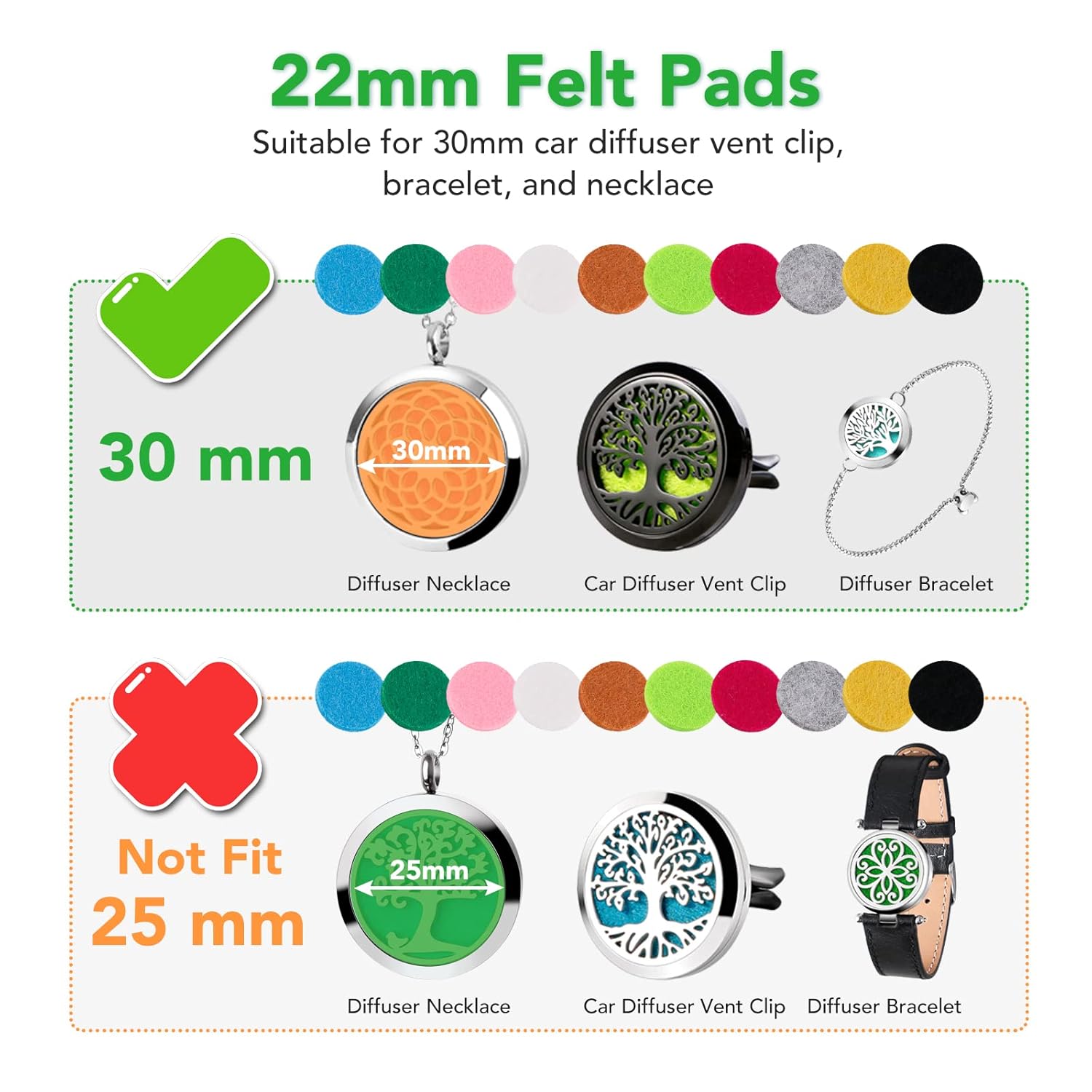Maromalife 48PCS 22mm Replacement Refill Pads for 30mm Essential Oil Diffuser Necklace, Felt Pads for Aromatherapy Necklace Pendant Diffuser Bracelet Car Diffuser Vent Clip with 12 Colors, 0.87 Inch