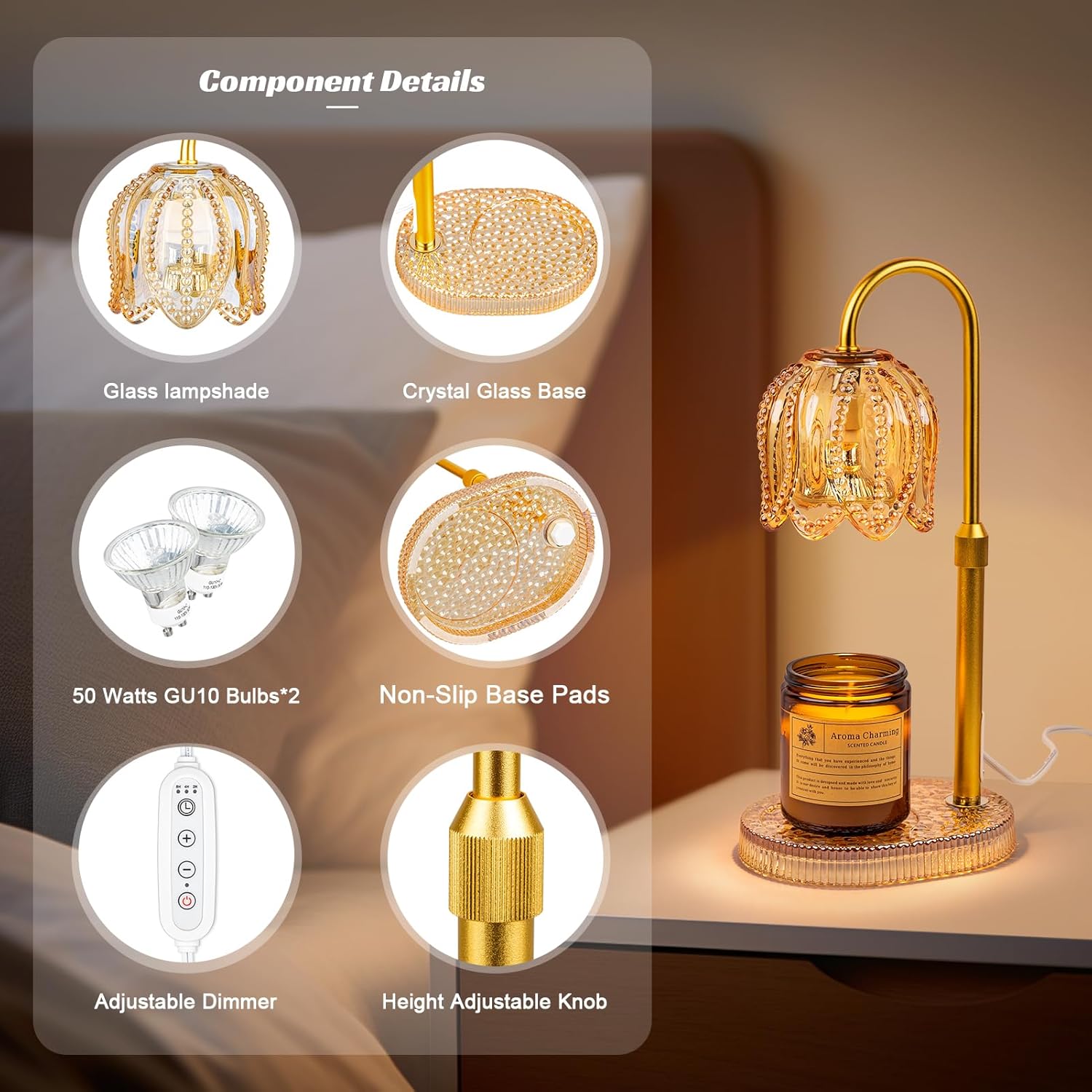 Petal Candle Warmer Lamp with Timer & Dimmable Light Champagne Gold - Adjustable Height Jar Melter on Crystal Glass Base, Home Decor Gift Set (Includes 2 Bulbs)