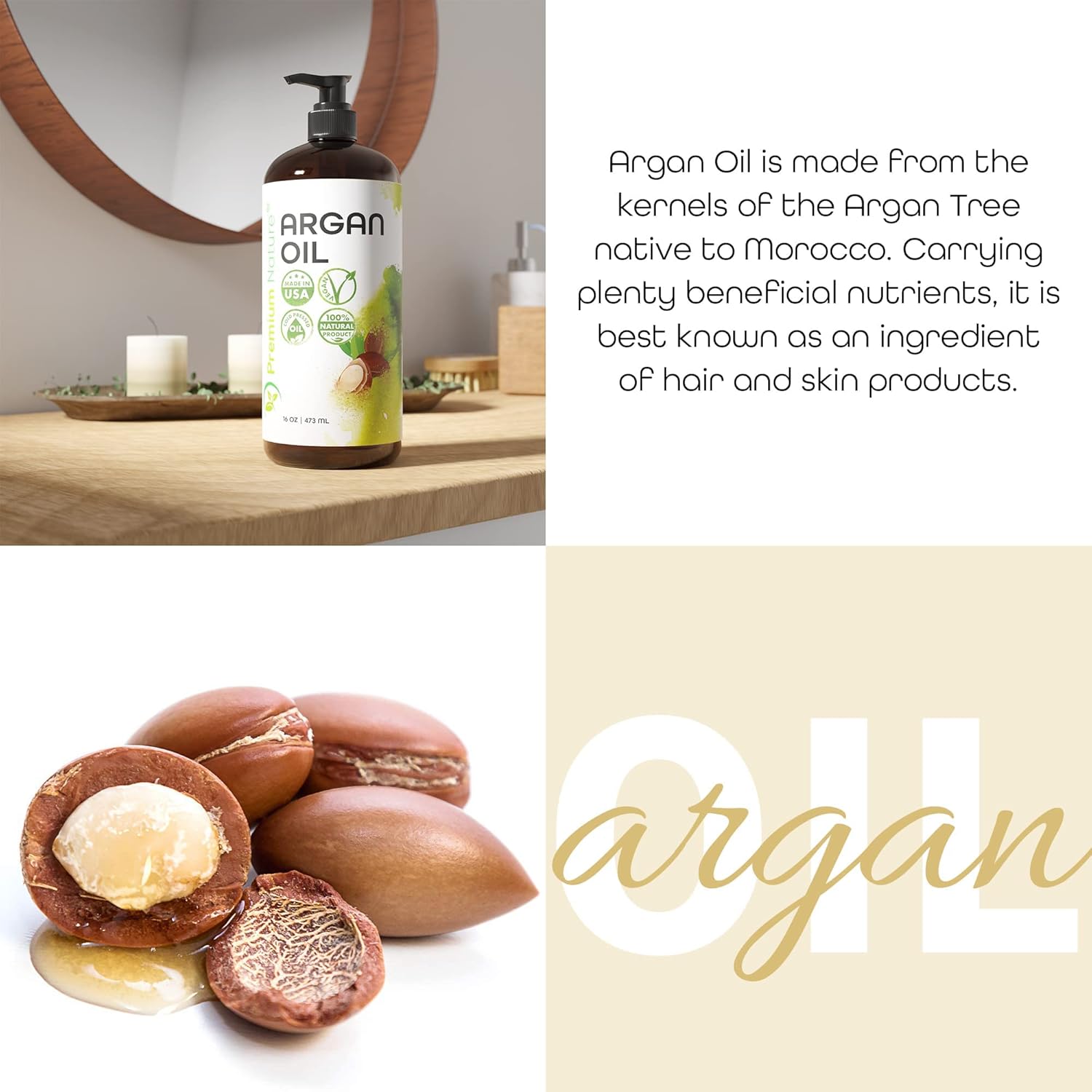 Argan Oil for Dry, Damaged, Curly and Frizzy Hair Growth - Organic Hair and Skin Serum from Morocco, 16 oz Pure Cold Pressed