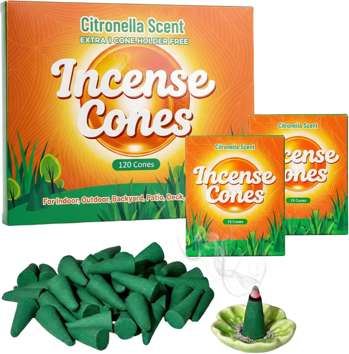 SCENTORINI Citronella Incense Cones, 120 Pcs Lemongrass Scented Incense Cones with 1 Holder, Citronella Incense Gift Set for Summer Home Outdoor Camping, Pool Side, Patio, Porches, Farms, Courtyards
