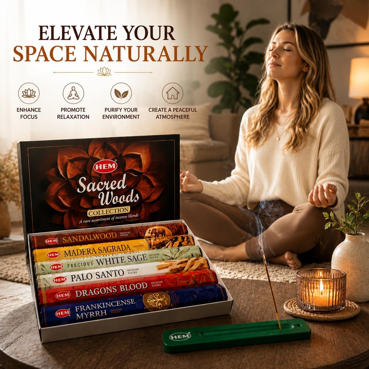 Hem Incense Sticks Assorted Sacred Woods Pack (6 Sets x 20 Sticks) with Incense Stick Holder 120 Sticks Total | Sandalwood Dragons Blood Palo Santo White Sage Frankincense Myrrh