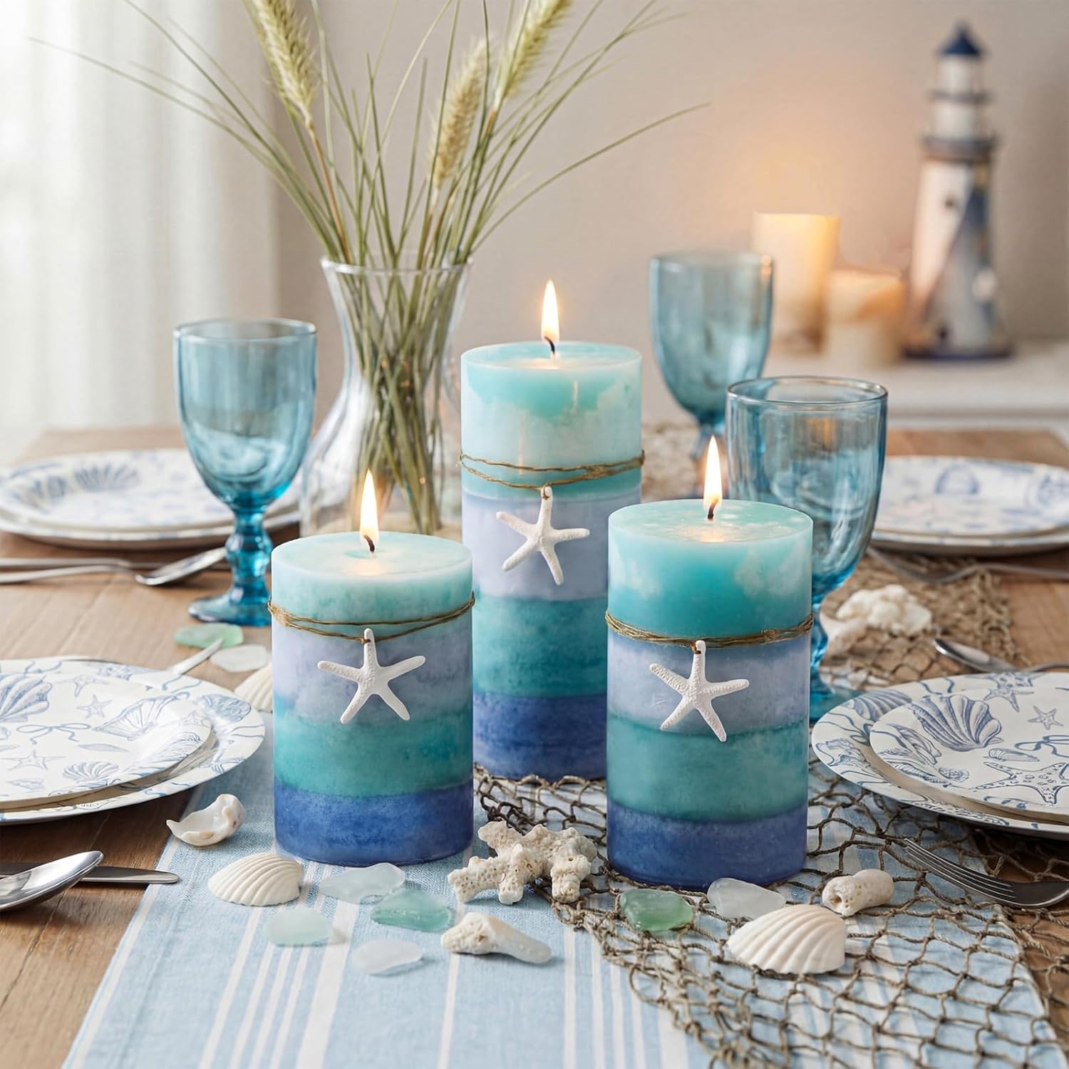 Threlaco Set of 3 Ocean Pillar Candles with Starfish Decorative Blue Pillar Layered Candles Clean Long Lasting with Ornaments for Summer Home Party Room Decor 3 Sizes
