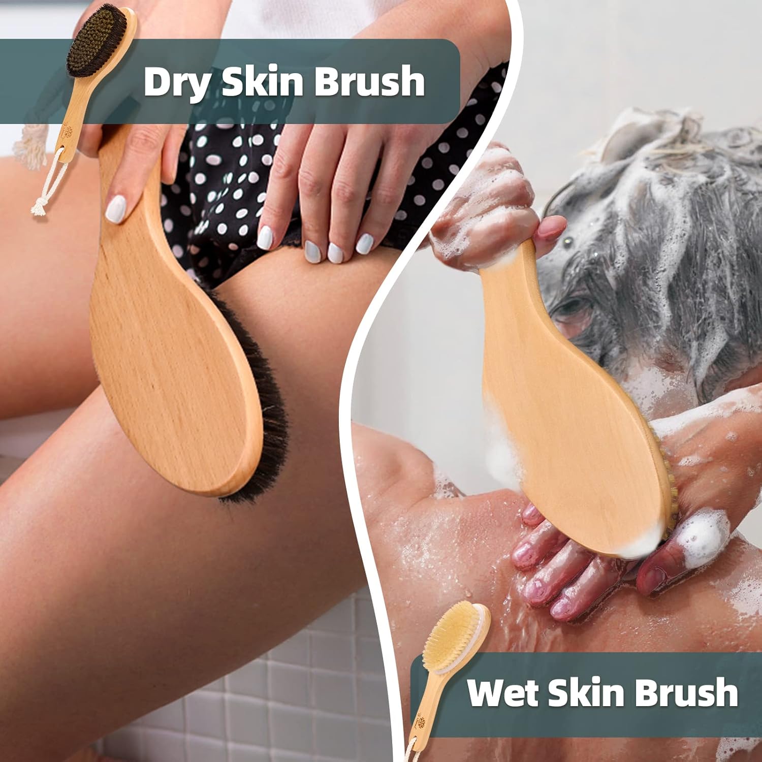 2-Pack Dry Body Brush, Copper Ionic Brush & Boar Bristle Shower Brushes | body brush set: Ionic copper brush for lymphatic drainage and natural boar bristle shower brush for skin exfoliating.