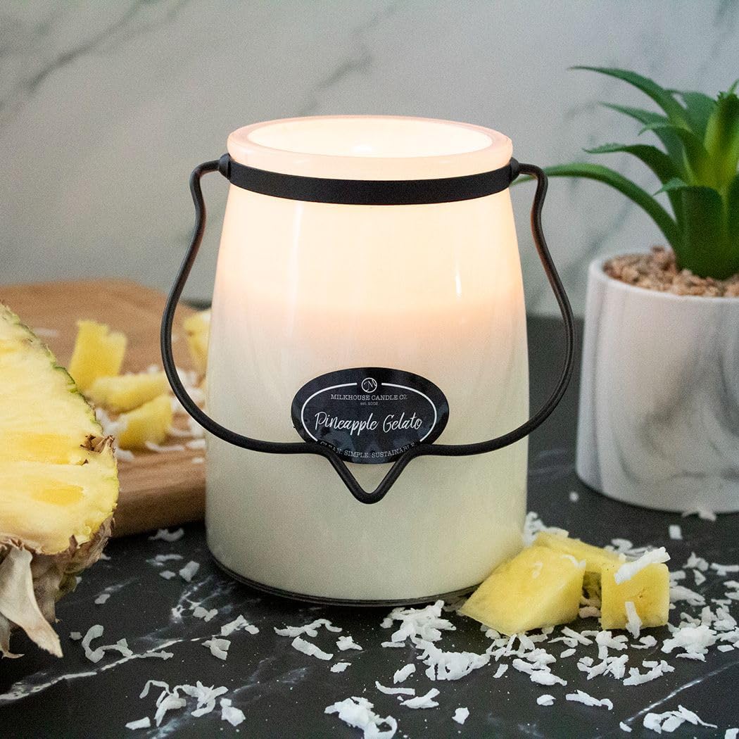 Milkhouse Candle Company Pineapple Gelato Soy Candle - Pineapple | Coconut | Vanilla Bean Scented - 22 oz Butter Jar with Lid, 120+ Hour Burn Time, Made in the USA