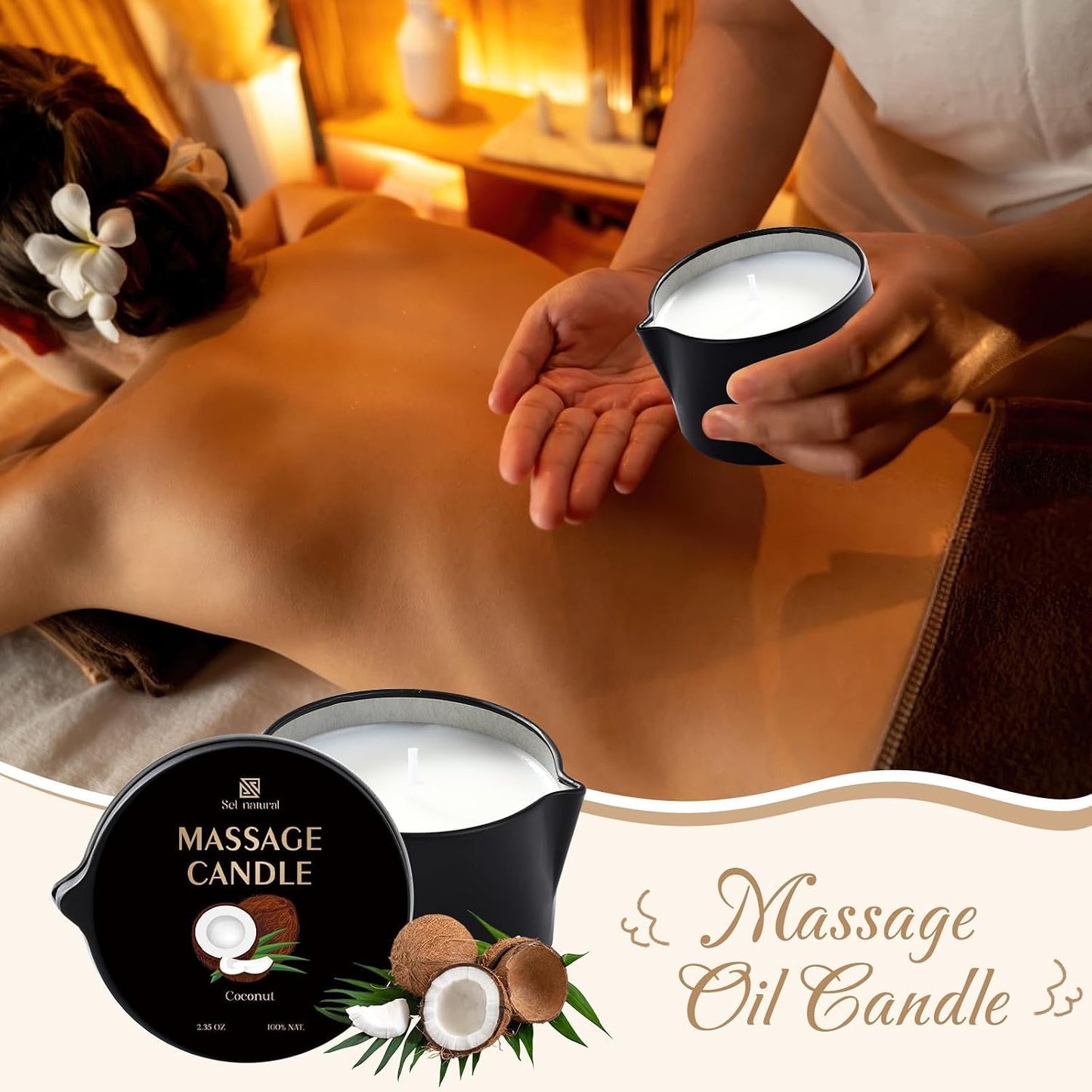 3 Pack Massage Oil Candles 2.35oz Low Temp Massage Candle Wax 3 Scent Vanilla, White Tea, Coconut Spa Therapy Body Oil Christmas Valentine's Day Gifts for Relaxation, Couples, or Self-Care