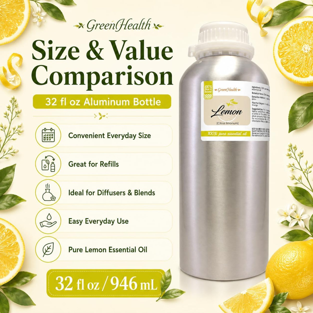 32 oz Lemon Essential Oil (100% Pure & Uncut)