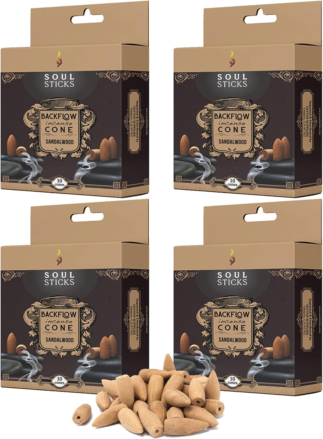 Soul Sticks Backflow Incense Cones – 40 Handmade Organic Cones for Waterfall Burner | 4 Pack Long Lasting Aromatic Scents | Thick White Smoke Incense for Meditation, Yoga & Gifts (Sandalwood)