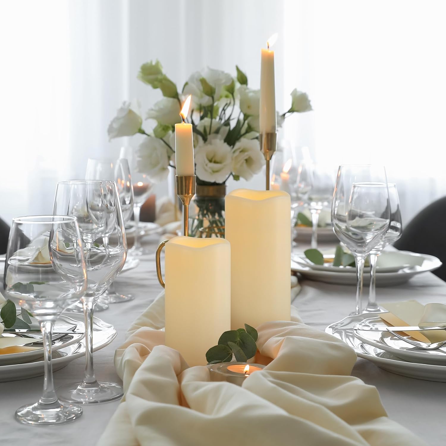 1 Pack 3" x 8" Outdoor Flameless Candles with Remote and Timer, Battery Operated Flickering LED Flameless Pillar Candles for Wedding Home Decoration, Ivory, Plastic