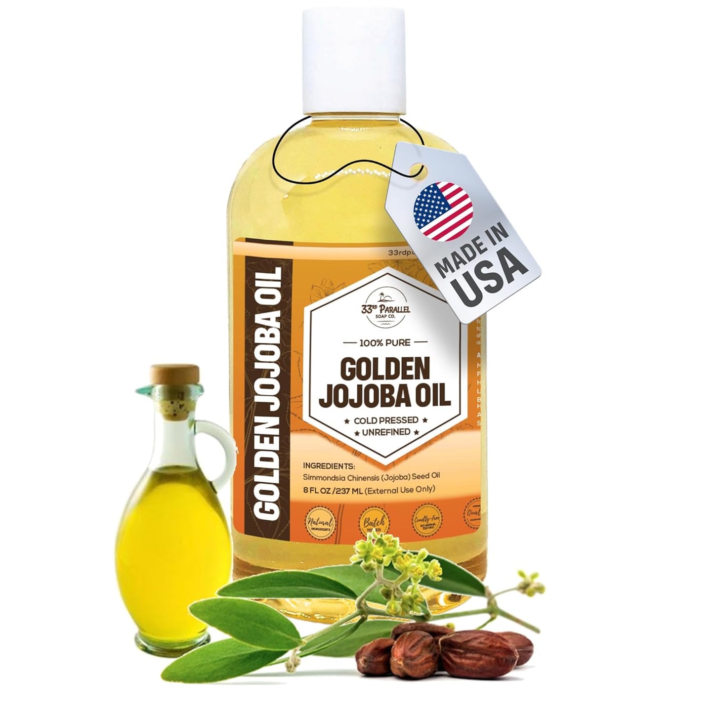 33rd PARALLEL | Golden Jojoba Oil (8 oz) Cold Pressed & Unrefined; Non-GMO; 100% Pure & Natural Hexane Free | Moisturizing Oil for Skin, Face, Hair & Nails | 8 FL OZ