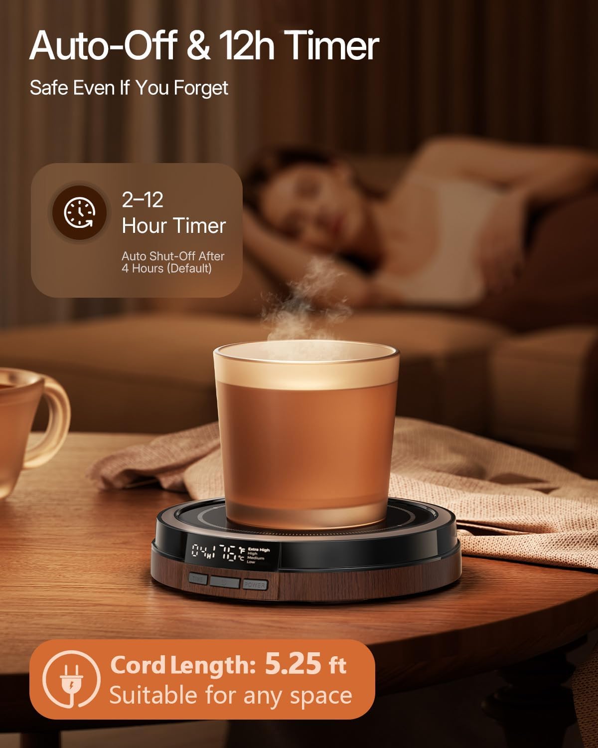 Coffee Mug Warmer for Desk, 50W Fast Heating Cup Warmer with Smart Display, 4 Temps & 12H Timer, Auto Shut Off for Tea, Milk, Hot Drinks - Wood Effect