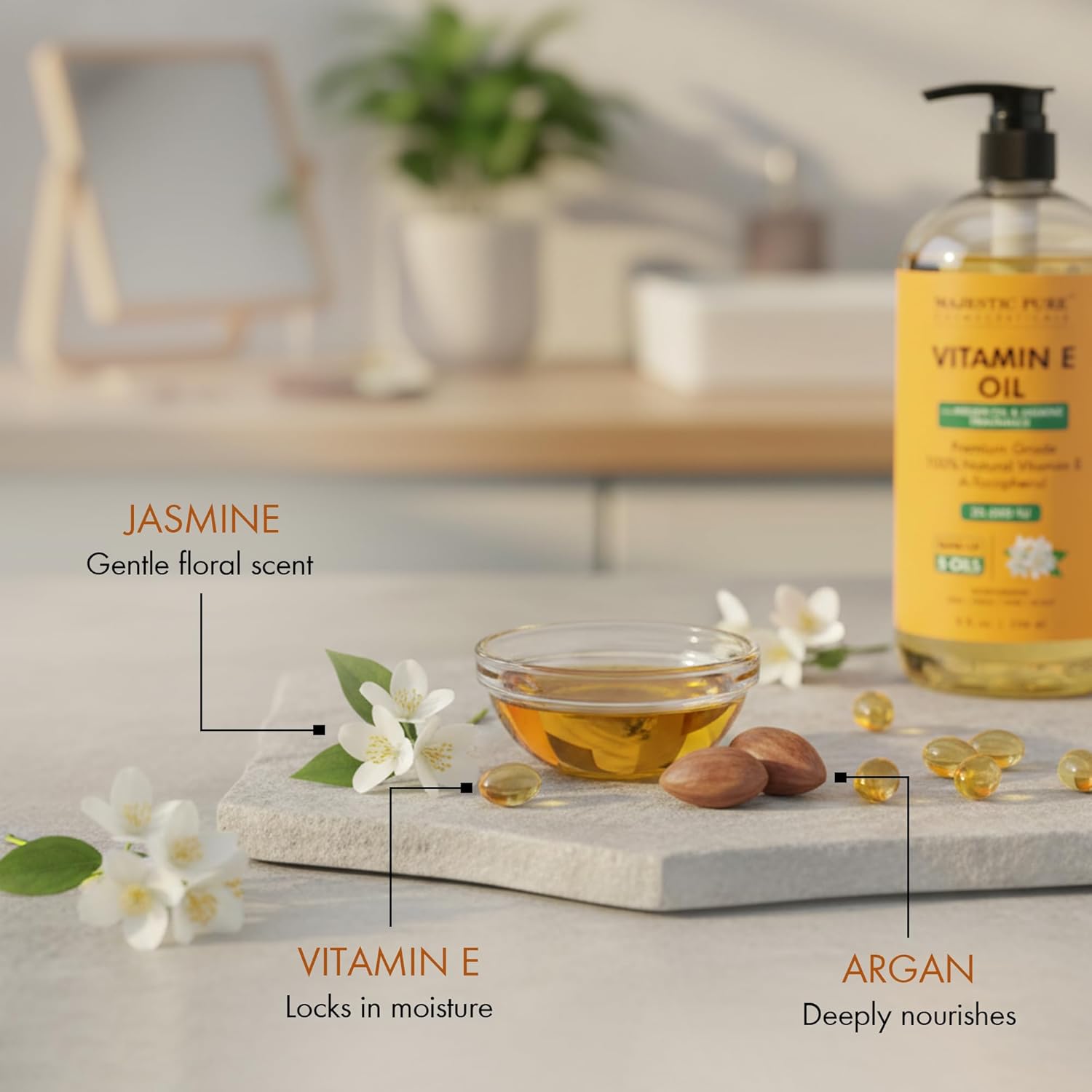 Majestic Pure Oil - 100% Pure and Natural- Cold Pressed & Hexane Free Natural Hair Growth Oil for Eyelashes, Eyebrows, Skin, Body, Face, Nails & Scalp - Vitamin E Oil with Argan Oil 8 Fl Oz