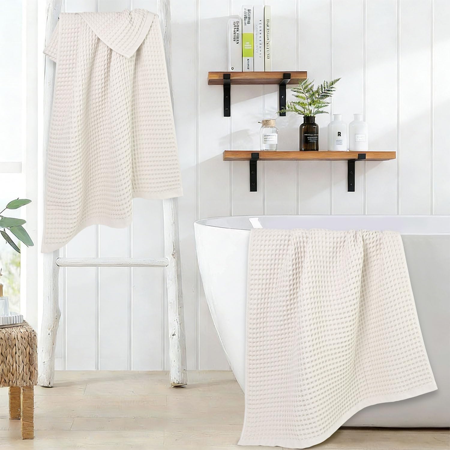 Jacquotha Waffle Bath Towels Set of 2 (Mist White) – Cotton, Quick Dry, Low Lint, 31” x 62” Large Towels for Bathroom Shower Spa Pool