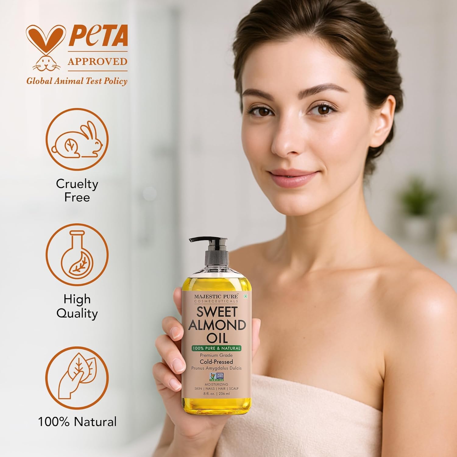 Majestic Pure Oil - 100% Pure and Natural- Cold Pressed & Hexane Free Natural Hair Growth Oil for Eyelashes, Eyebrows, Skin, Body, Face, Nails & Scalp - Sweet Almond Oil 8 Fl Oz